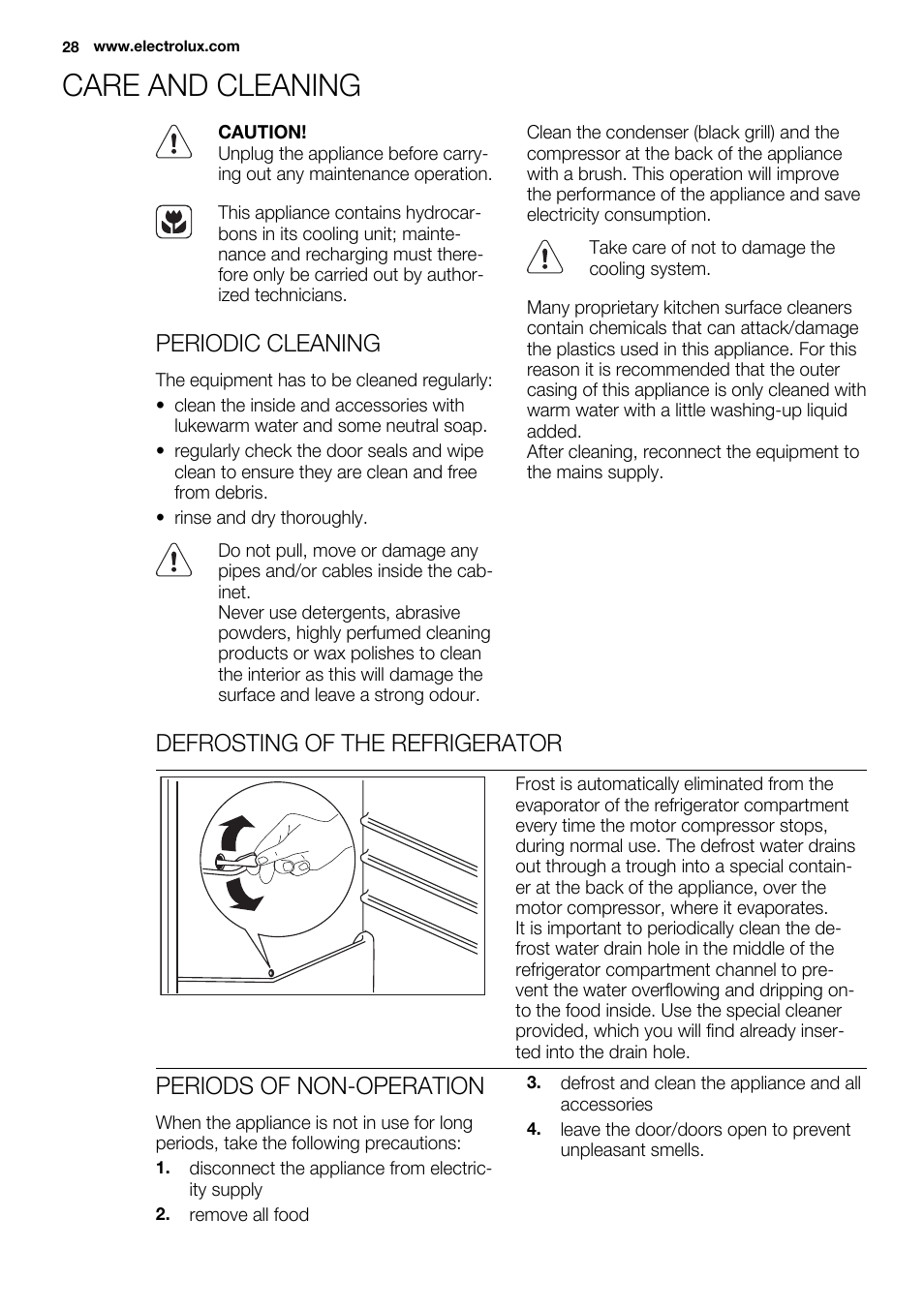 Care and cleaning, Periodic cleaning, Defrosting of the refrigerator | Periods of non-operation | Electrolux ERT1606AOW User Manual | Page 28 / 80