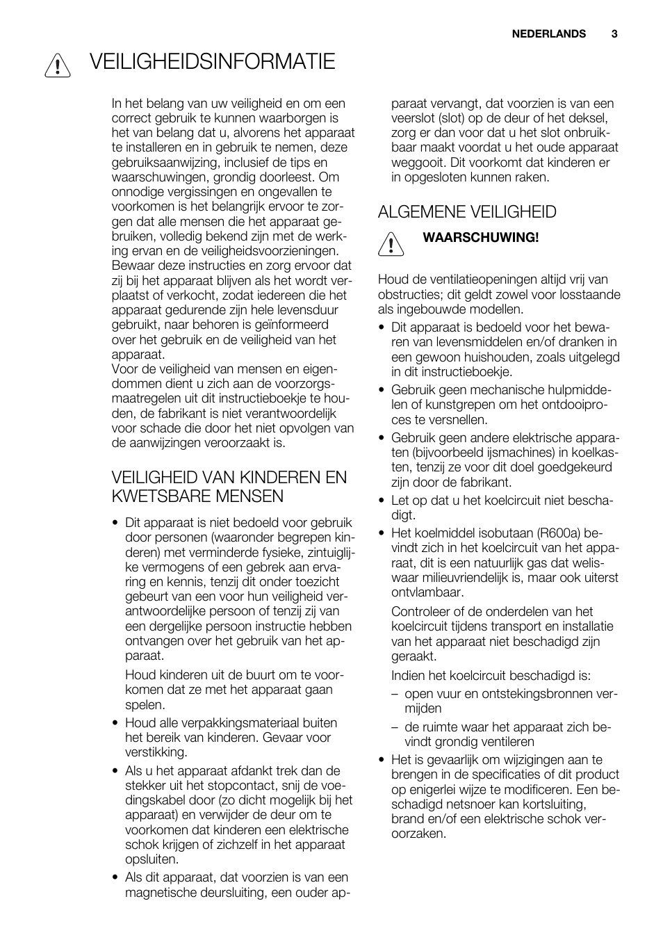 Veiligheidsinformatie, Veiligheid van kinderen en kwetsbare mensen, Algemene veiligheid | Electrolux ERT1606AOW User Manual | Page 3 / 80