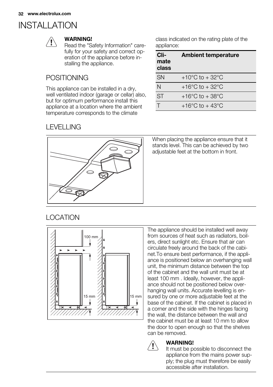 Installation, Positioning, Levelling | Location | Electrolux ERT1606AOW User Manual | Page 32 / 80