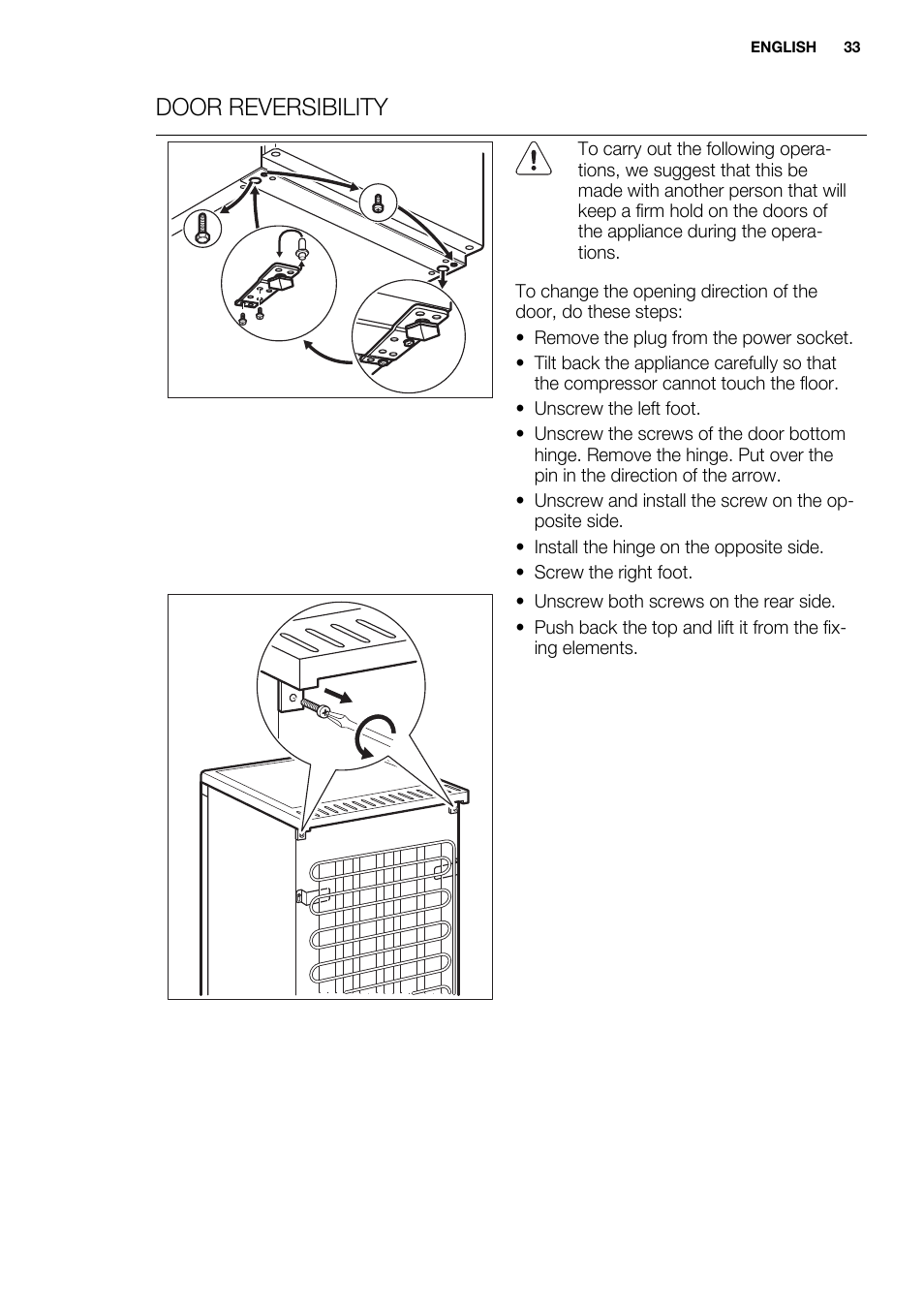 Door reversibility | Electrolux ERT1606AOW User Manual | Page 33 / 80