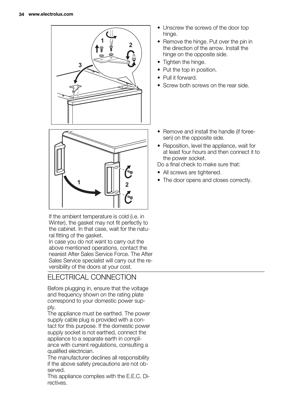 Electrical connection | Electrolux ERT1606AOW User Manual | Page 34 / 80