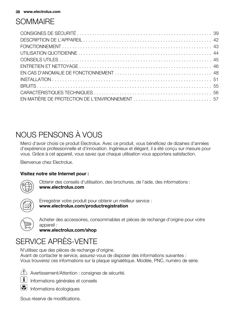 Sommaire, Nous pensons à vous, Service après-vente | Electrolux ERT1606AOW User Manual | Page 38 / 80