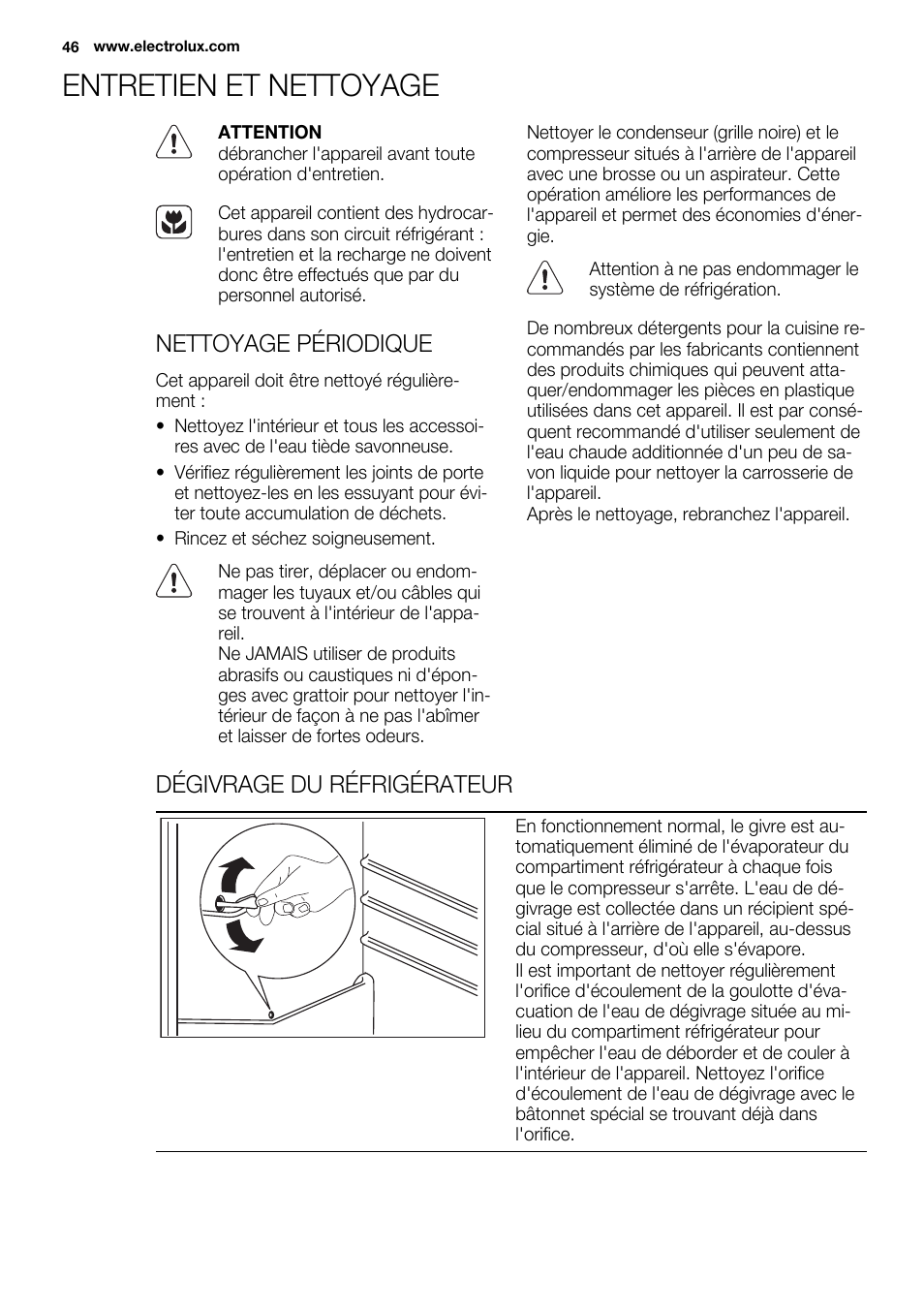 Entretien et nettoyage, Nettoyage périodique, Dégivrage du réfrigérateur | Electrolux ERT1606AOW User Manual | Page 46 / 80