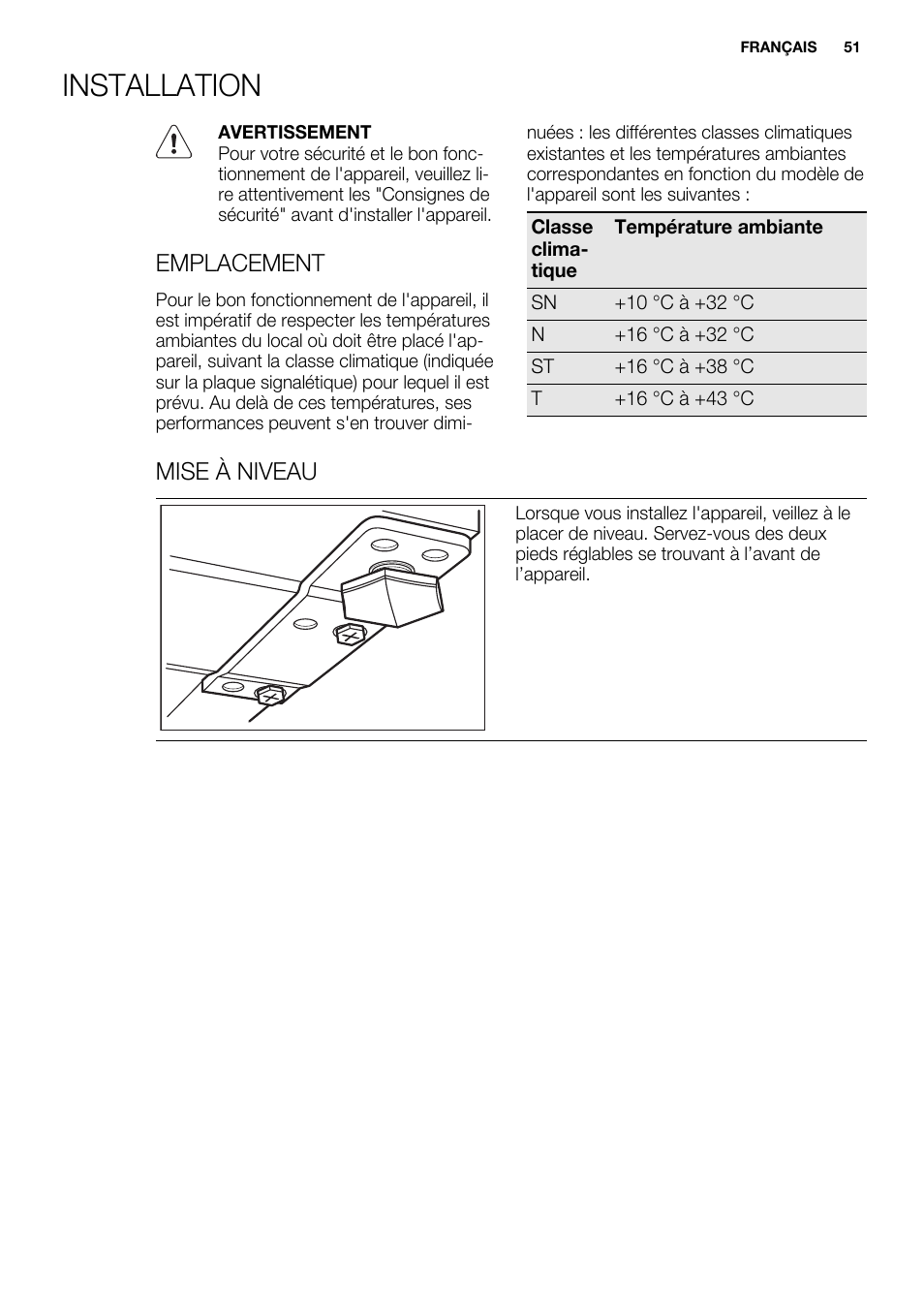 Installation, Emplacement, Mise à niveau | Electrolux ERT1606AOW User Manual | Page 51 / 80