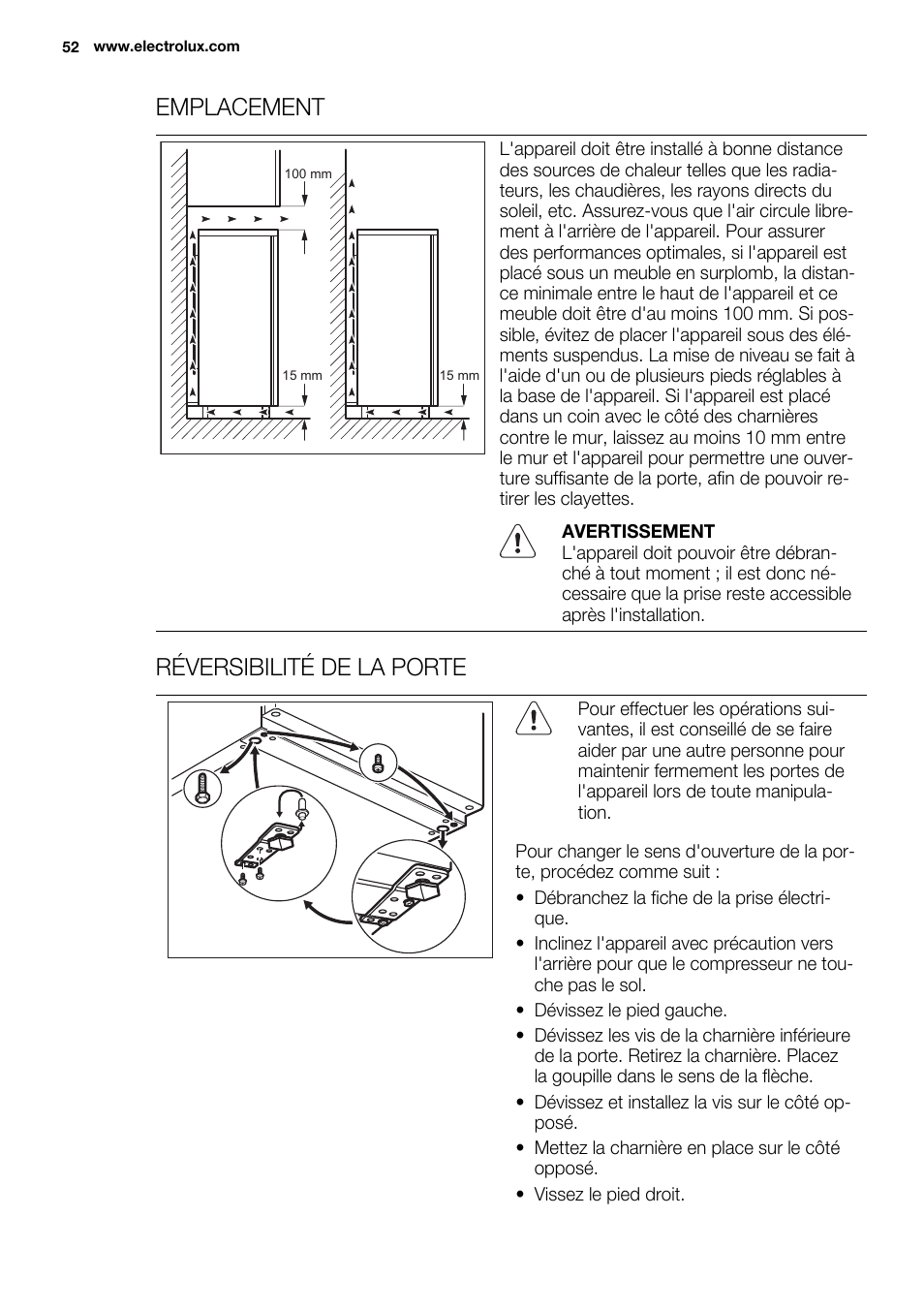 Emplacement, Réversibilité de la porte | Electrolux ERT1606AOW User Manual | Page 52 / 80