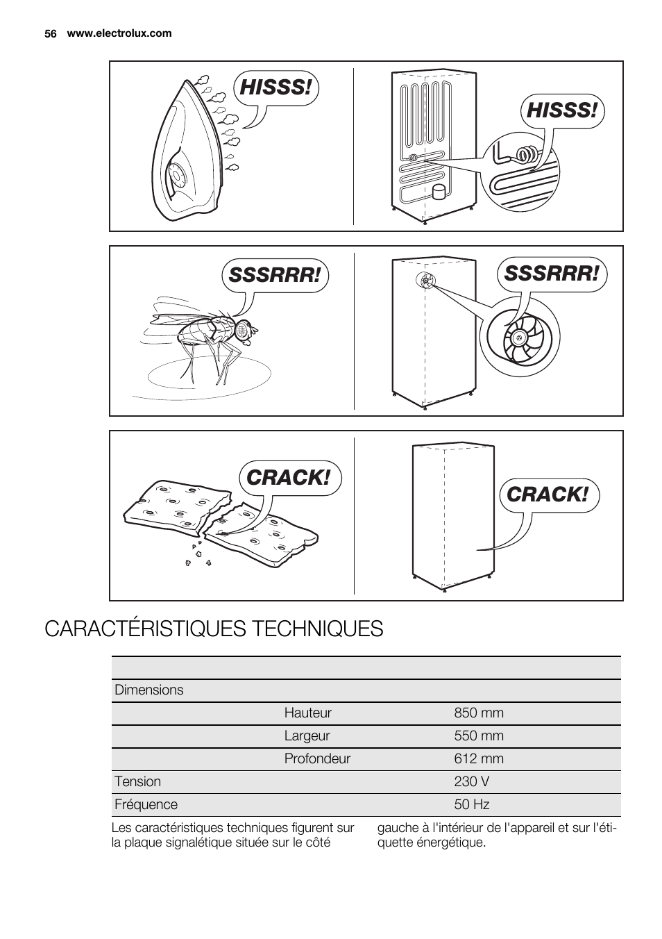 Caractéristiques techniques, Hisss, Sssrrr | Crack | Electrolux ERT1606AOW User Manual | Page 56 / 80