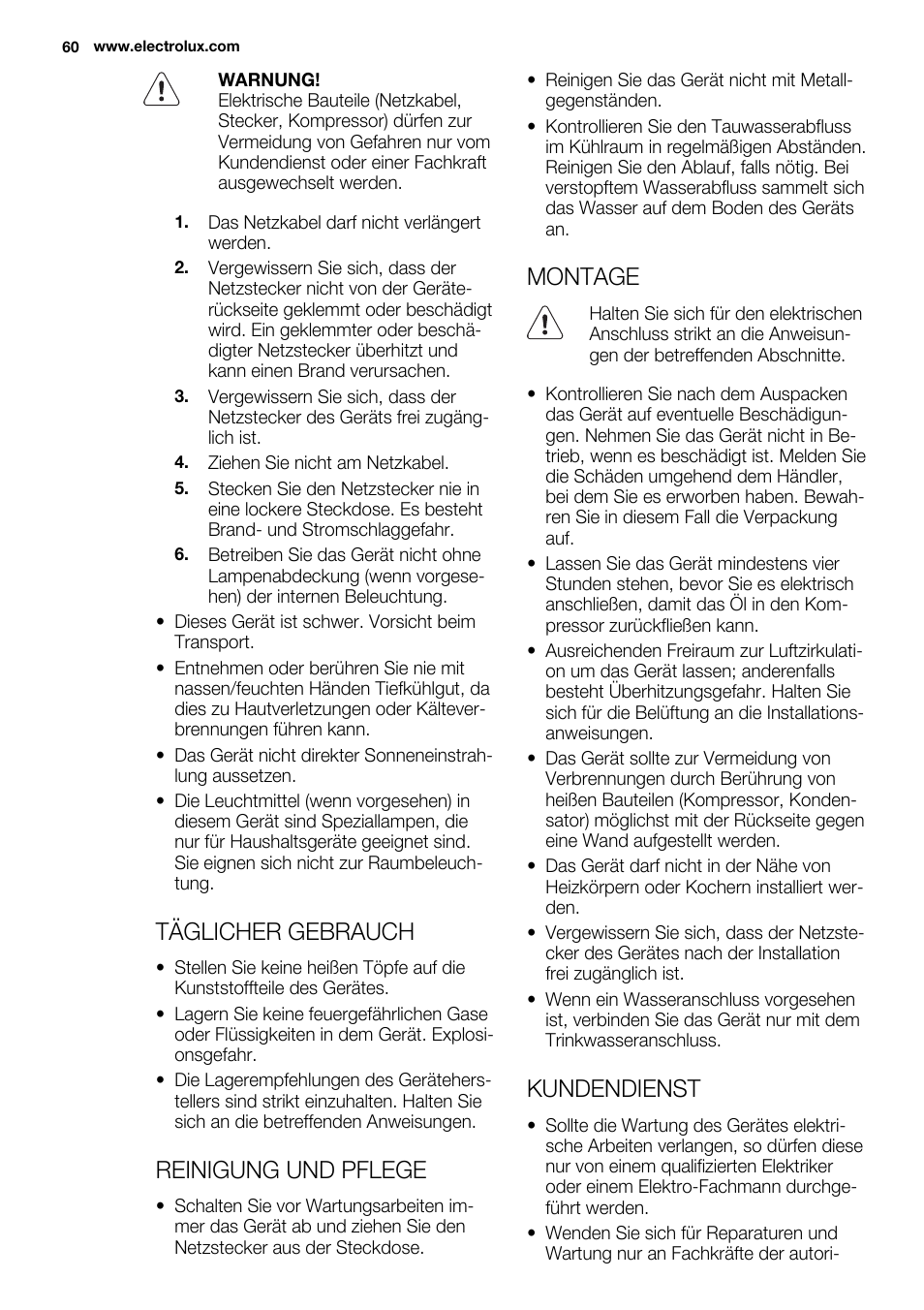 Täglicher gebrauch, Reinigung und pflege, Montage | Kundendienst | Electrolux ERT1606AOW User Manual | Page 60 / 80