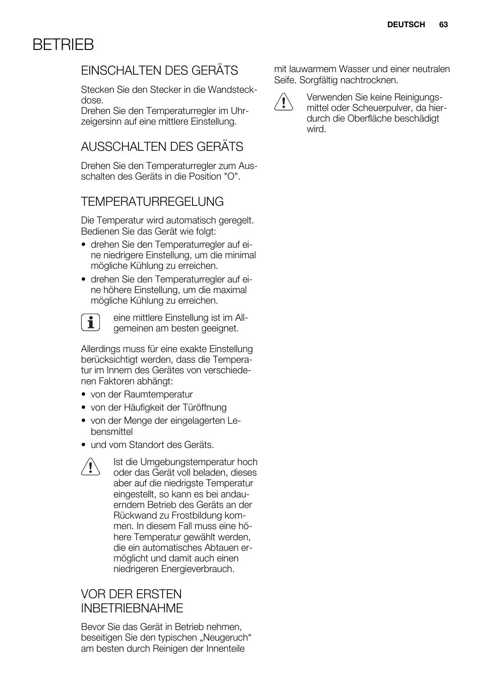 Betrieb, Einschalten des geräts, Ausschalten des geräts | Temperaturregelung, Vor der ersten inbetriebnahme | Electrolux ERT1606AOW User Manual | Page 63 / 80