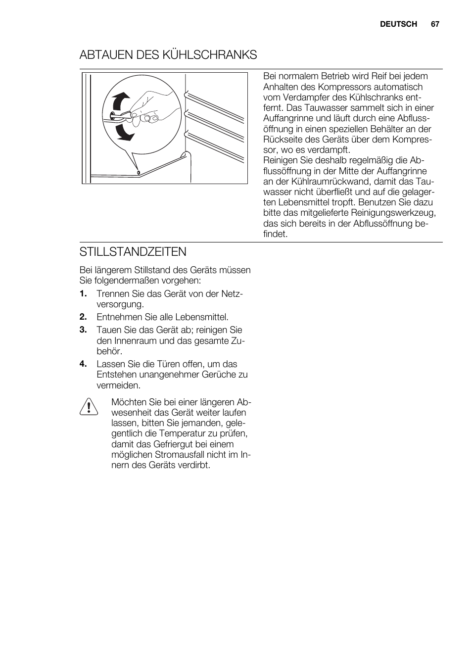 Abtauen des kühlschranks, Stillstandzeiten | Electrolux ERT1606AOW User Manual | Page 67 / 80