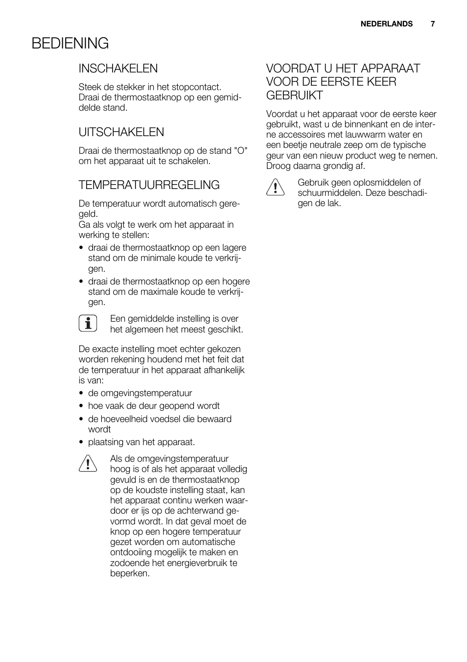 Bediening, Inschakelen, Uitschakelen | Temperatuurregeling | Electrolux ERT1606AOW User Manual | Page 7 / 80