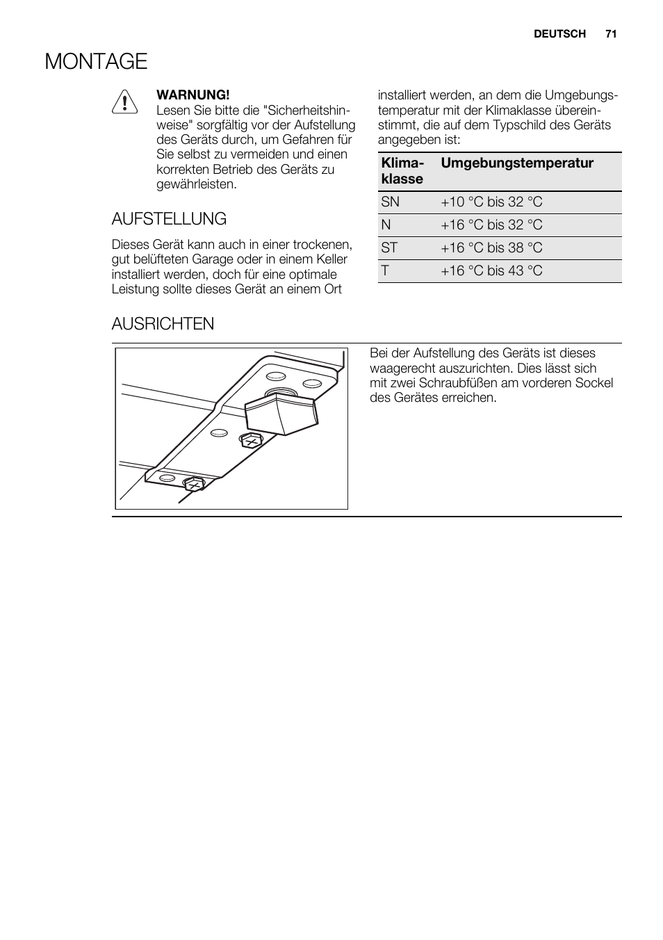 Montage, Aufstellung, Ausrichten | Electrolux ERT1606AOW User Manual | Page 71 / 80