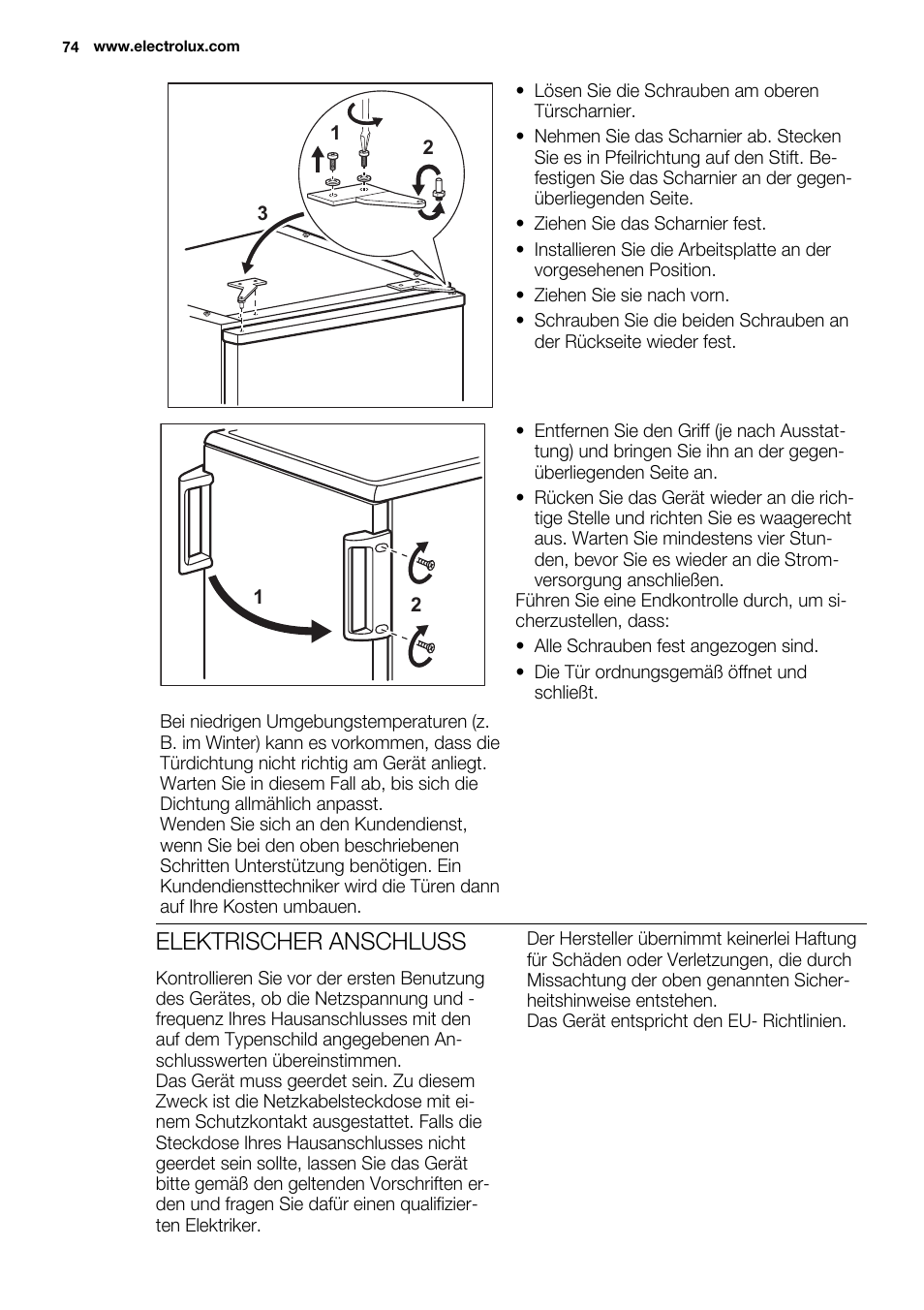 Elektrischer anschluss | Electrolux ERT1606AOW User Manual | Page 74 / 80