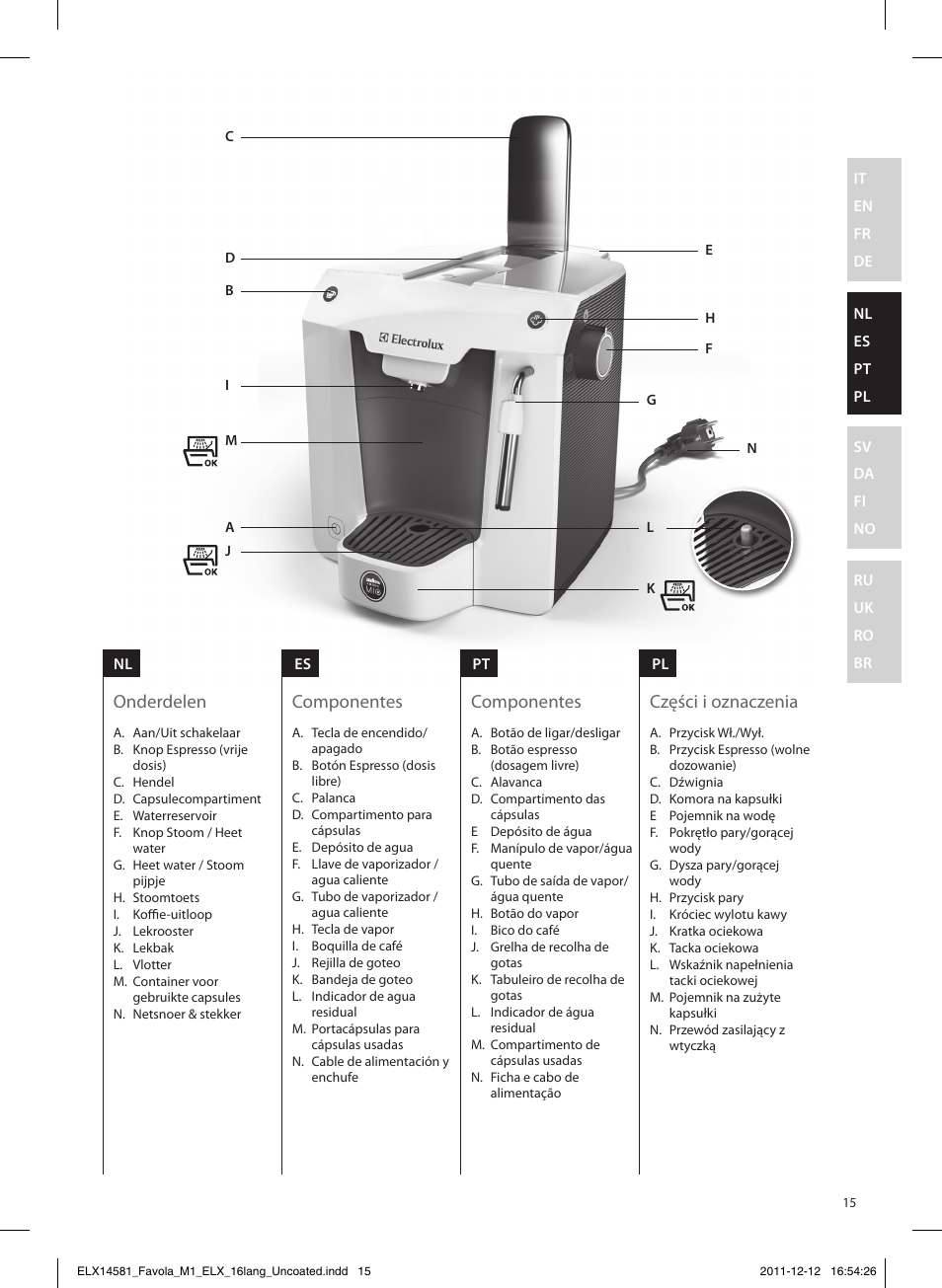 Części i oznaczenia, Onderdelen, Componentes | Electrolux ELM5100PU User Manual | Page 15 / 52