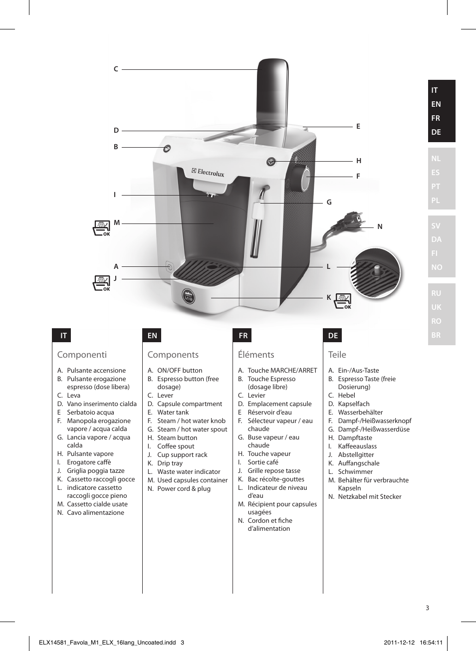 Components, Teile, Éléments | Componenti | Electrolux ELM5100PU User Manual | Page 3 / 52