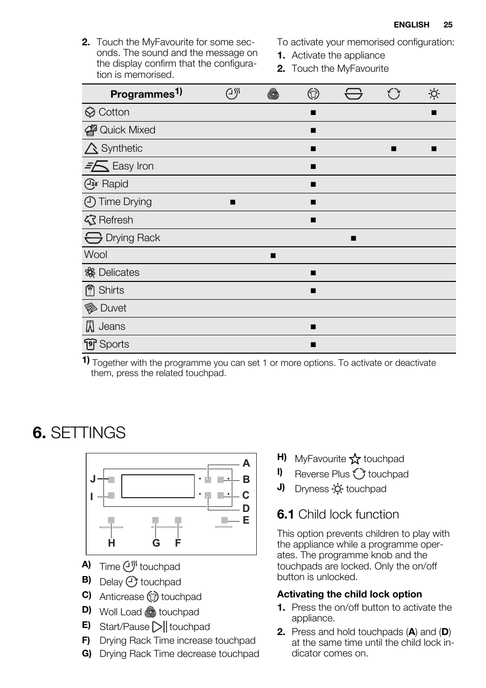 Settings, 1 child lock function | Electrolux EDH3497RDW User Manual | Page 25 / 72