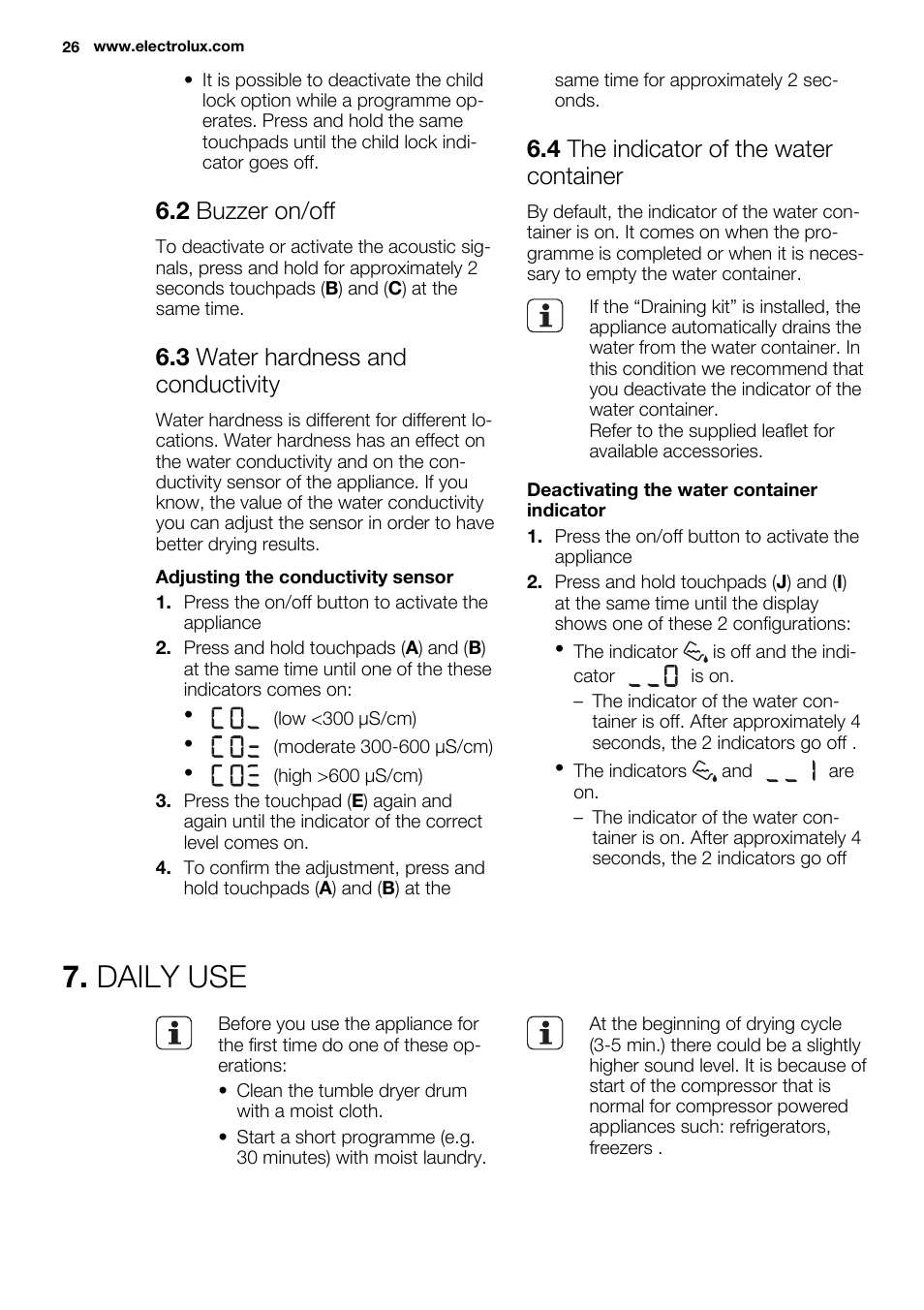 Daily use, 2 buzzer on/off, 3 water hardness and conductivity | 4 the indicator of the water container | Electrolux EDH3497RDW User Manual | Page 26 / 72
