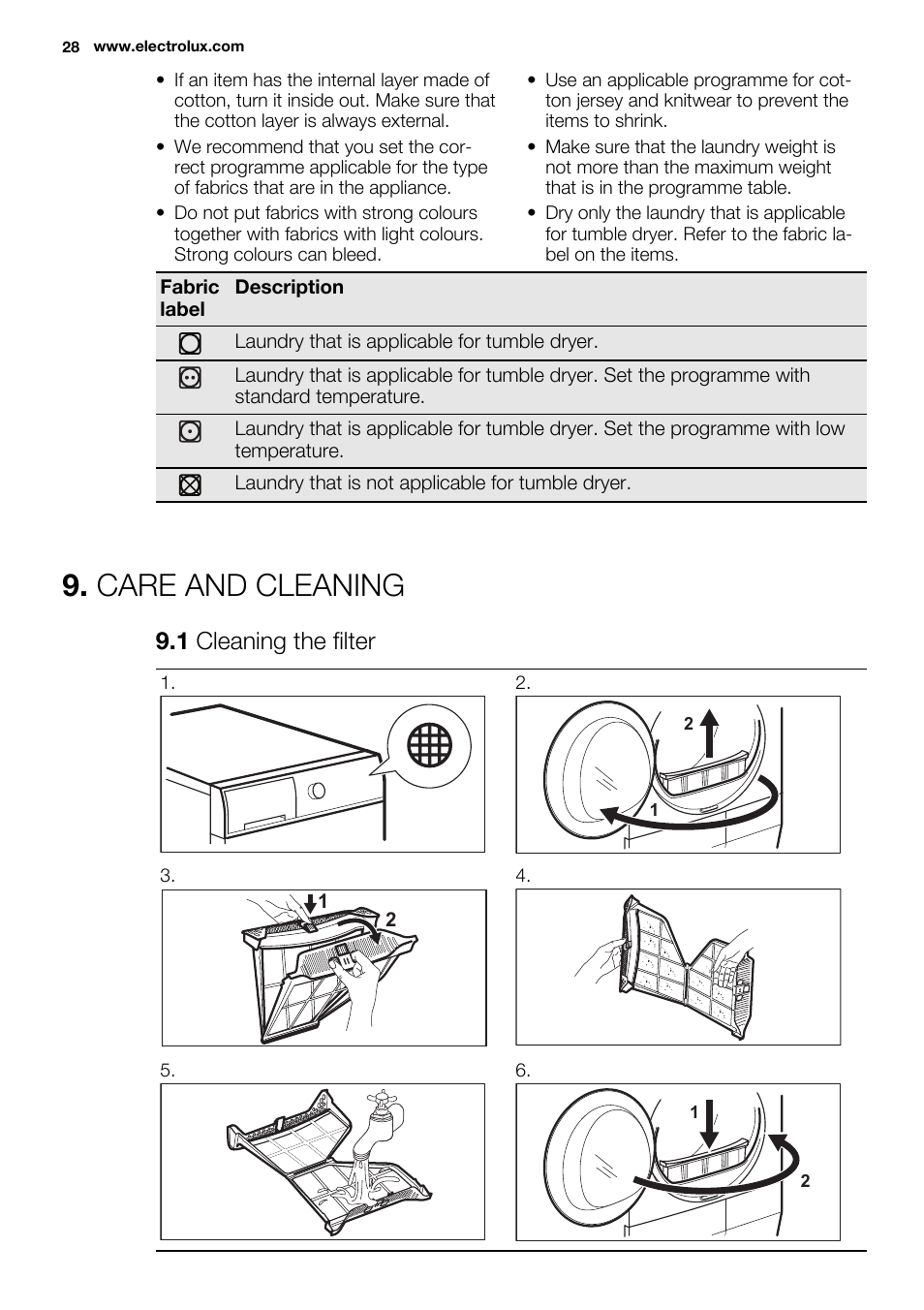 Care and cleaning, 1 cleaning the filter | Electrolux EDH3497RDW User Manual | Page 28 / 72