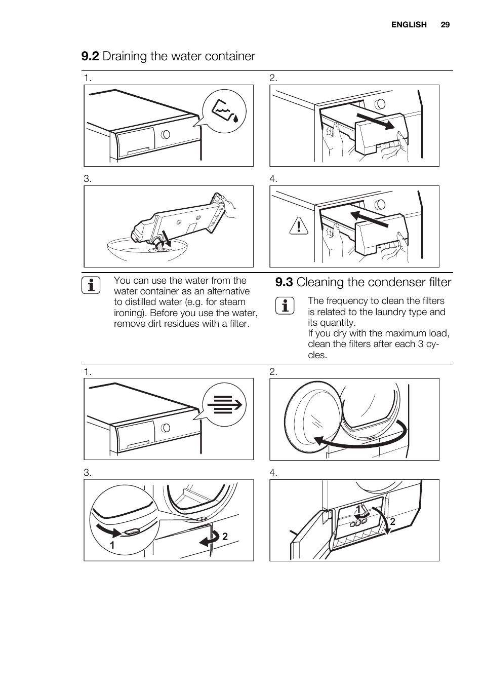 2 draining the water container, 3 cleaning the condenser filter | Electrolux EDH3497RDW User Manual | Page 29 / 72