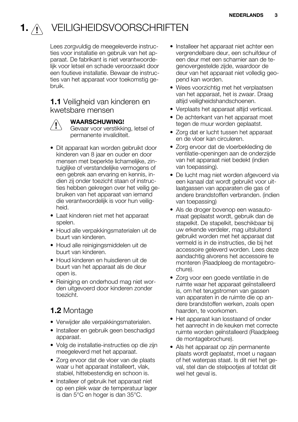 Veiligheidsvoorschriften, 1 veiligheid van kinderen en kwetsbare mensen, 2 montage | Electrolux EDH3497RDW User Manual | Page 3 / 72