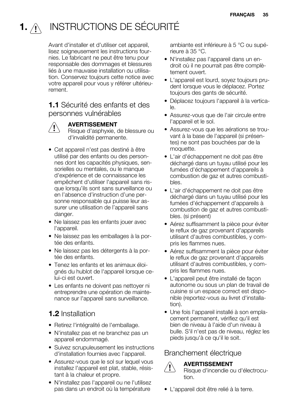 Instructions de sécurité, 2 installation, Branchement électrique | Electrolux EDH3497RDW User Manual | Page 35 / 72