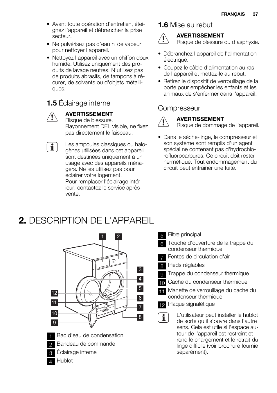 Description de l'appareil, 5 éclairage interne, 6 mise au rebut | Compresseur | Electrolux EDH3497RDW User Manual | Page 37 / 72