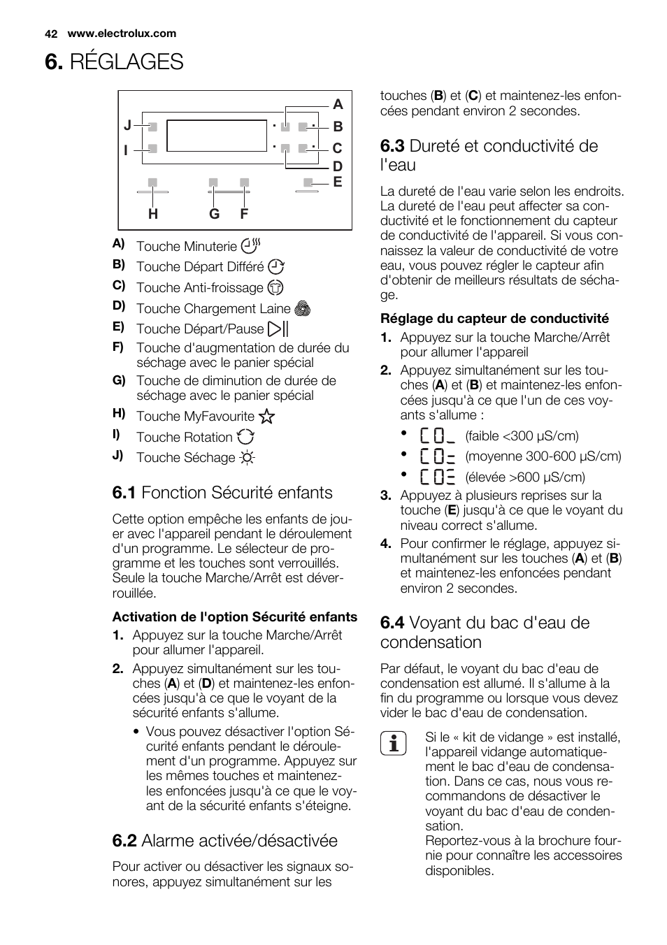 Réglages, 1 fonction sécurité enfants, 2 alarme activée/désactivée | 3 dureté et conductivité de l'eau, 4 voyant du bac d'eau de condensation | Electrolux EDH3497RDW User Manual | Page 42 / 72