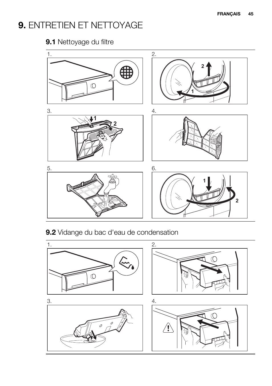 Entretien et nettoyage, 1 nettoyage du filtre, 2 vidange du bac d'eau de condensation | Electrolux EDH3497RDW User Manual | Page 45 / 72