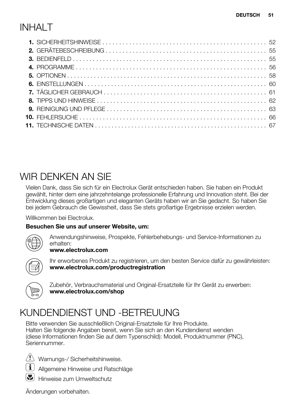 Inhalt, Wir denken an sie, Kundendienst und -betreuung | Electrolux EDH3497RDW User Manual | Page 51 / 72