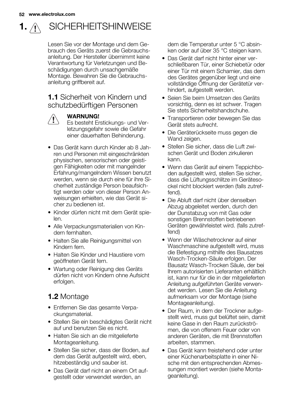 Sicherheitshinweise, 2 montage | Electrolux EDH3497RDW User Manual | Page 52 / 72