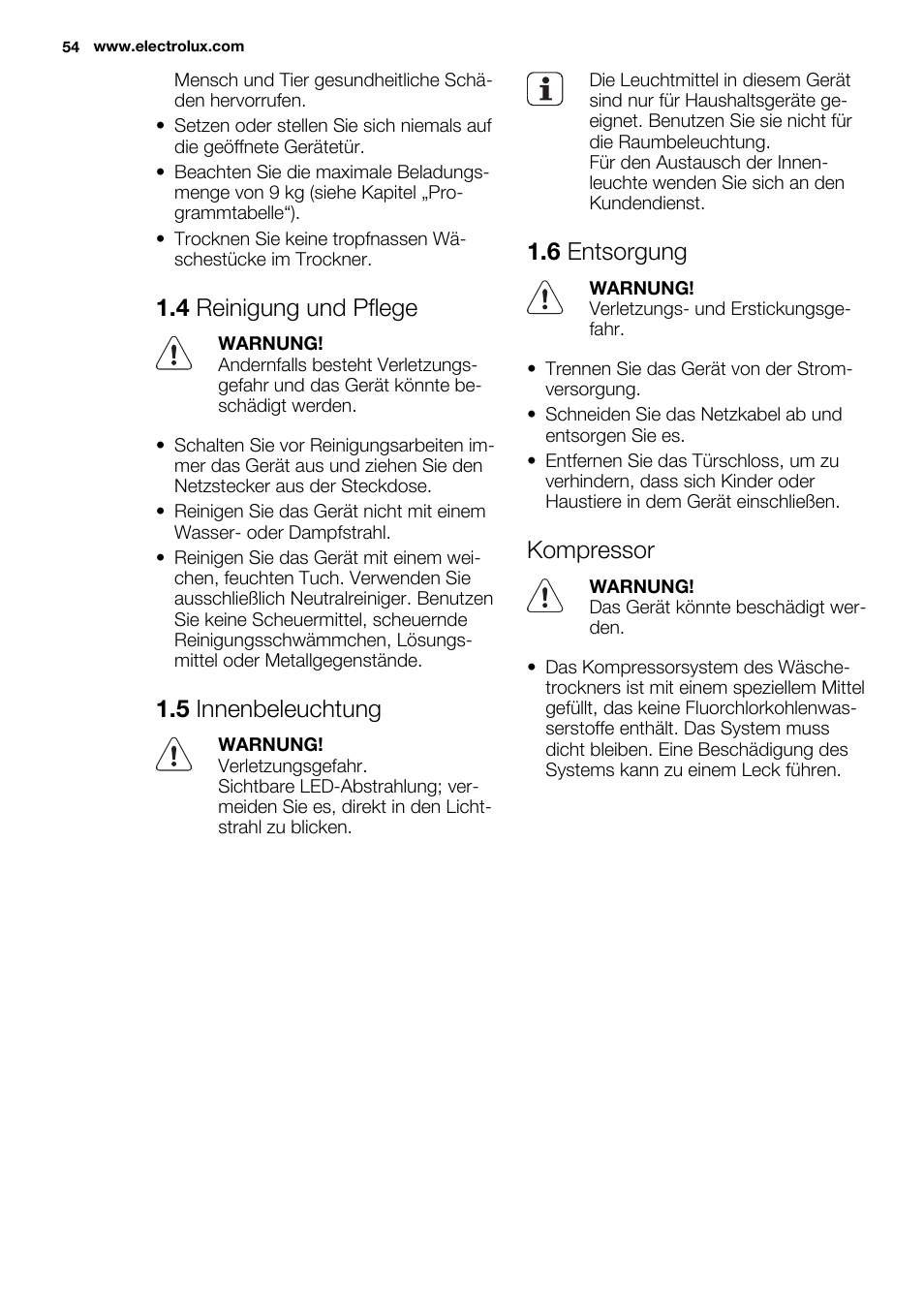 4 reinigung und pflege, 5 innenbeleuchtung, 6 entsorgung | Kompressor | Electrolux EDH3497RDW User Manual | Page 54 / 72
