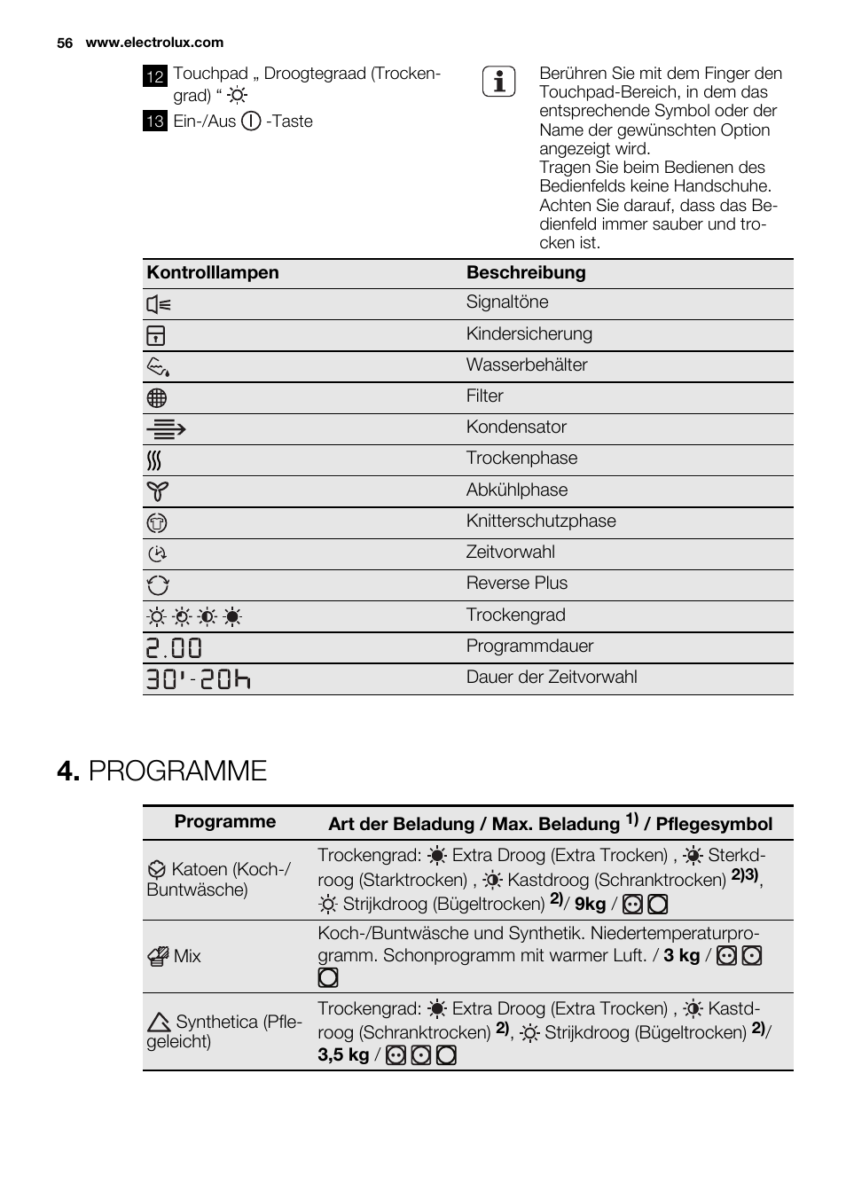 Programme | Electrolux EDH3497RDW User Manual | Page 56 / 72