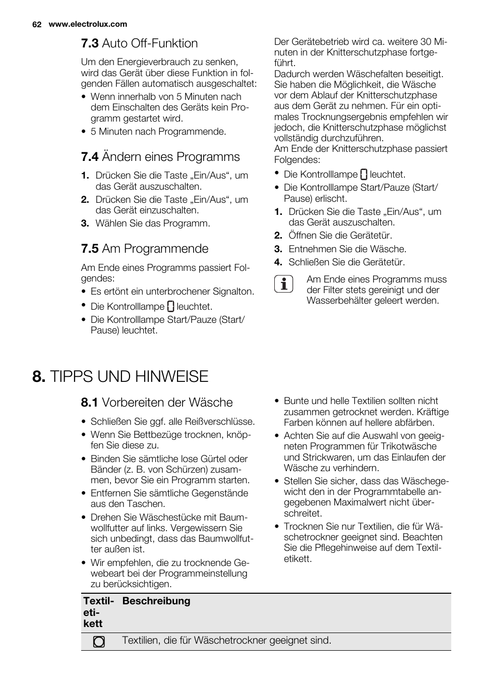 Tipps und hinweise, 3 auto off-funktion, 4 ändern eines programms | 5 am programmende, 1 vorbereiten der wäsche | Electrolux EDH3497RDW User Manual | Page 62 / 72