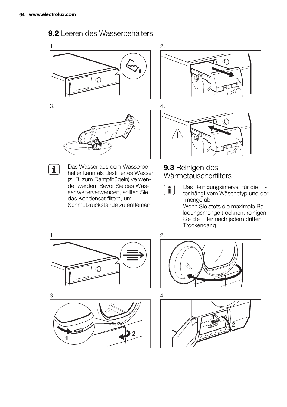 2 leeren des wasserbehälters, 3 reinigen des wärmetauscherfilters | Electrolux EDH3497RDW User Manual | Page 64 / 72