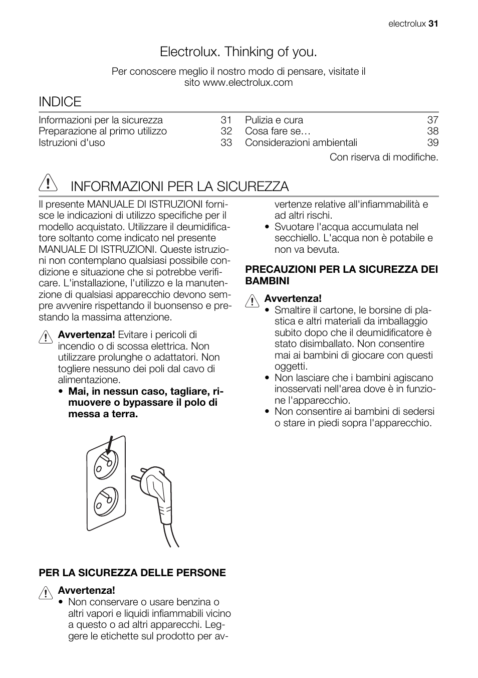 Electrolux. thinking of you, Indice, Informazioni per la sicurezza | Electrolux EXD25DN3W User Manual | Page 31 / 72