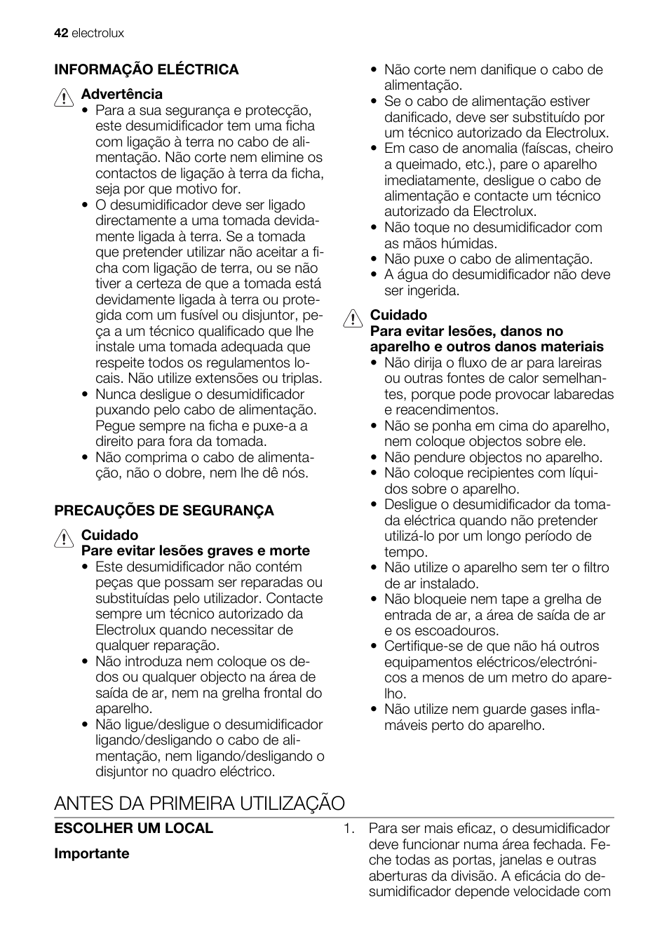 Antes da primeira utilização | Electrolux EXD25DN3W User Manual | Page 42 / 72