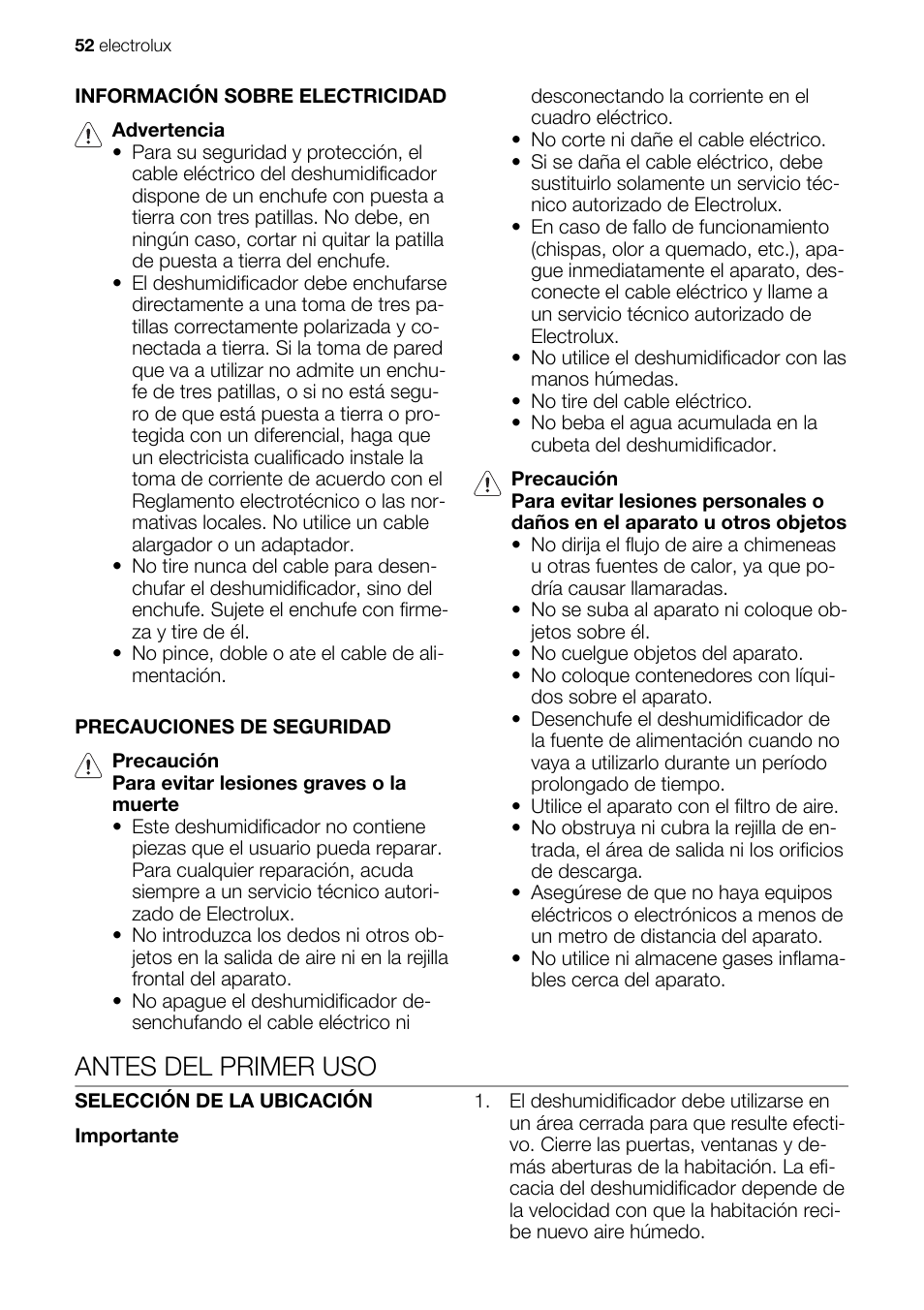 Antes del primer uso | Electrolux EXD25DN3W User Manual | Page 52 / 72