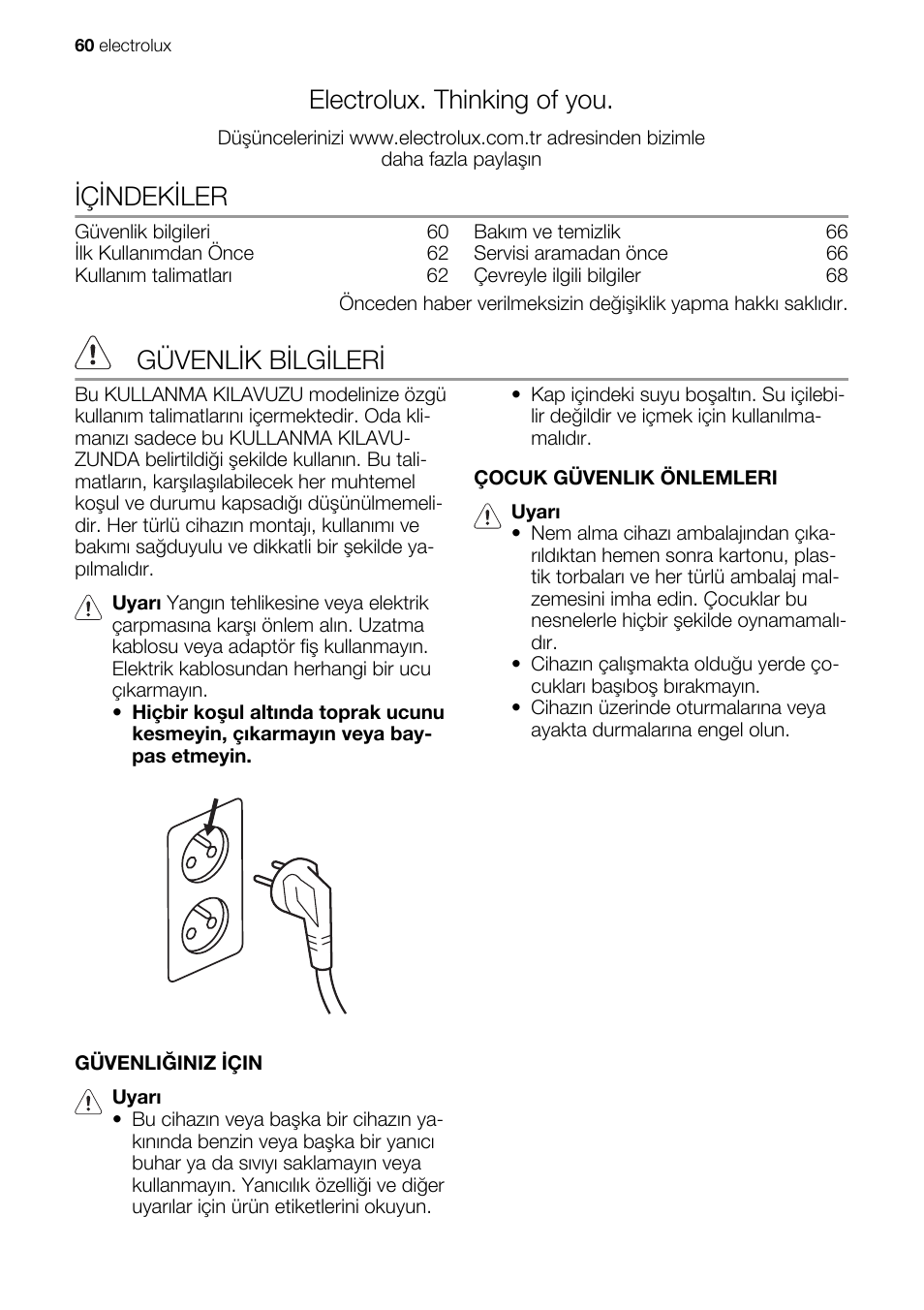 Electrolux. thinking of you, Içindekiler, Güvenlik bilgileri | Electrolux EXD25DN3W User Manual | Page 60 / 72