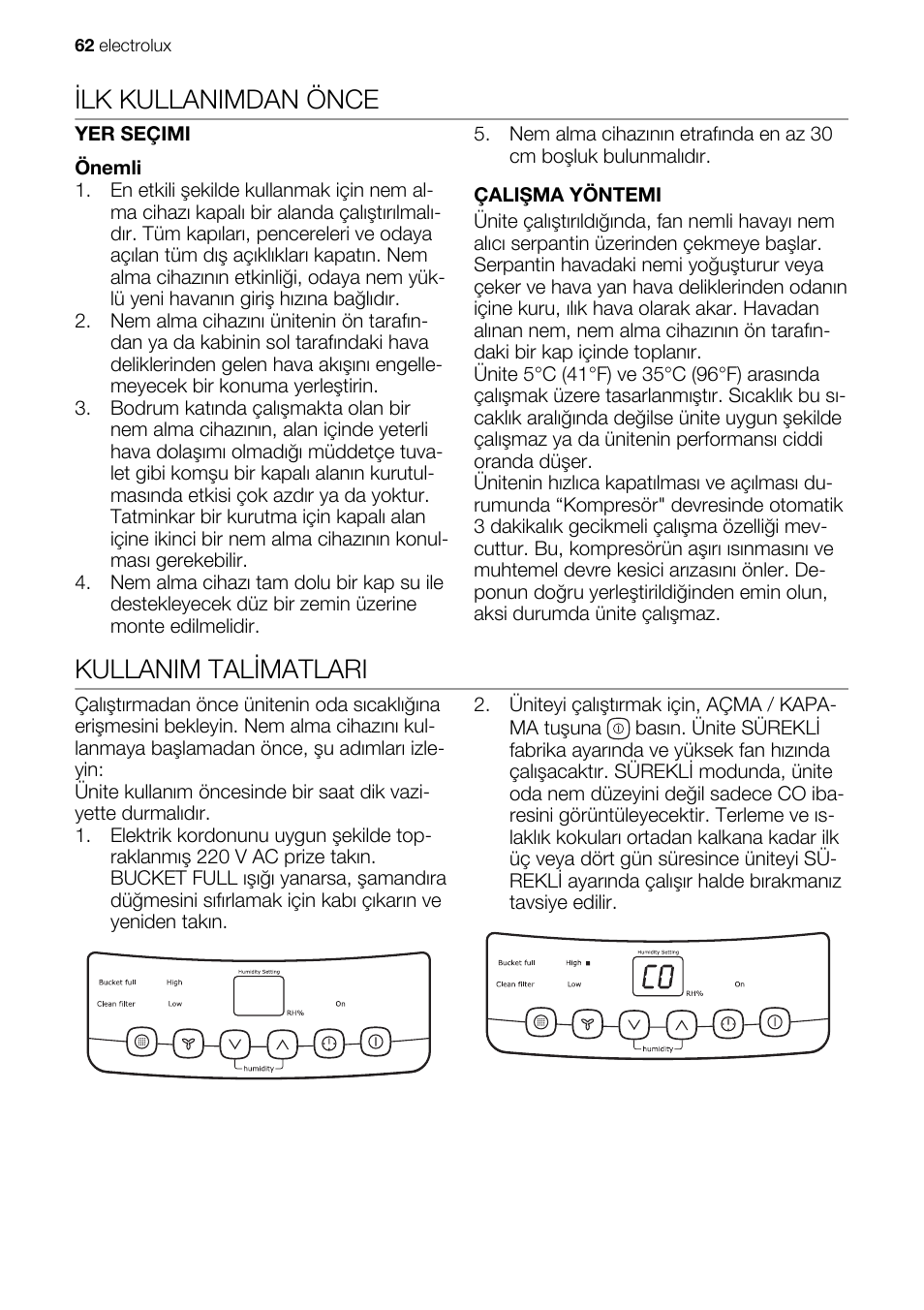 Ilk kullanimdan önce, Kullanim talimatlari | Electrolux EXD25DN3W User Manual | Page 62 / 72