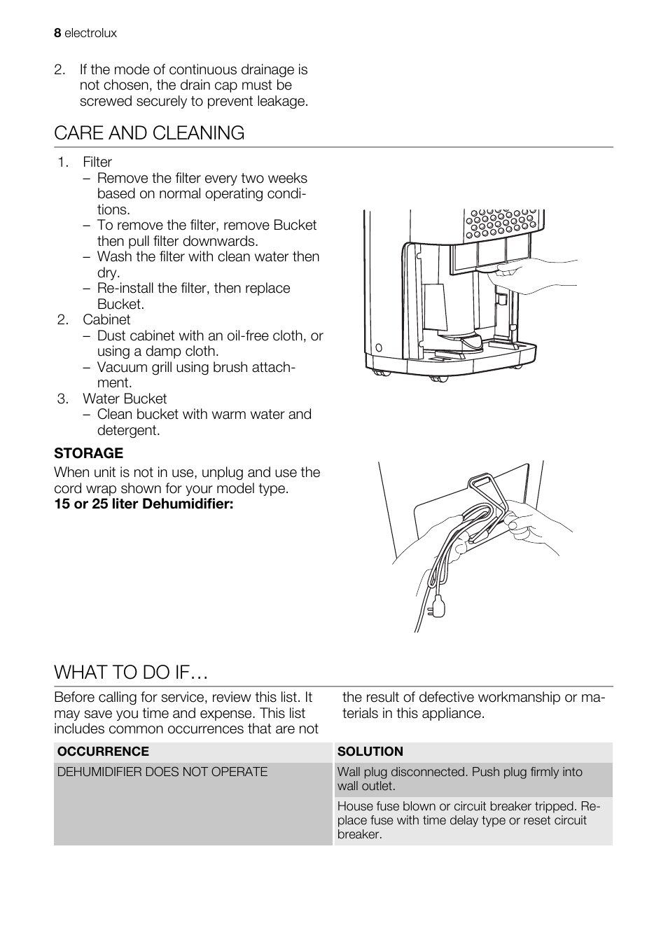 Care and cleaning, What to do if | Electrolux EXD25DN3W User Manual | Page 8 / 72