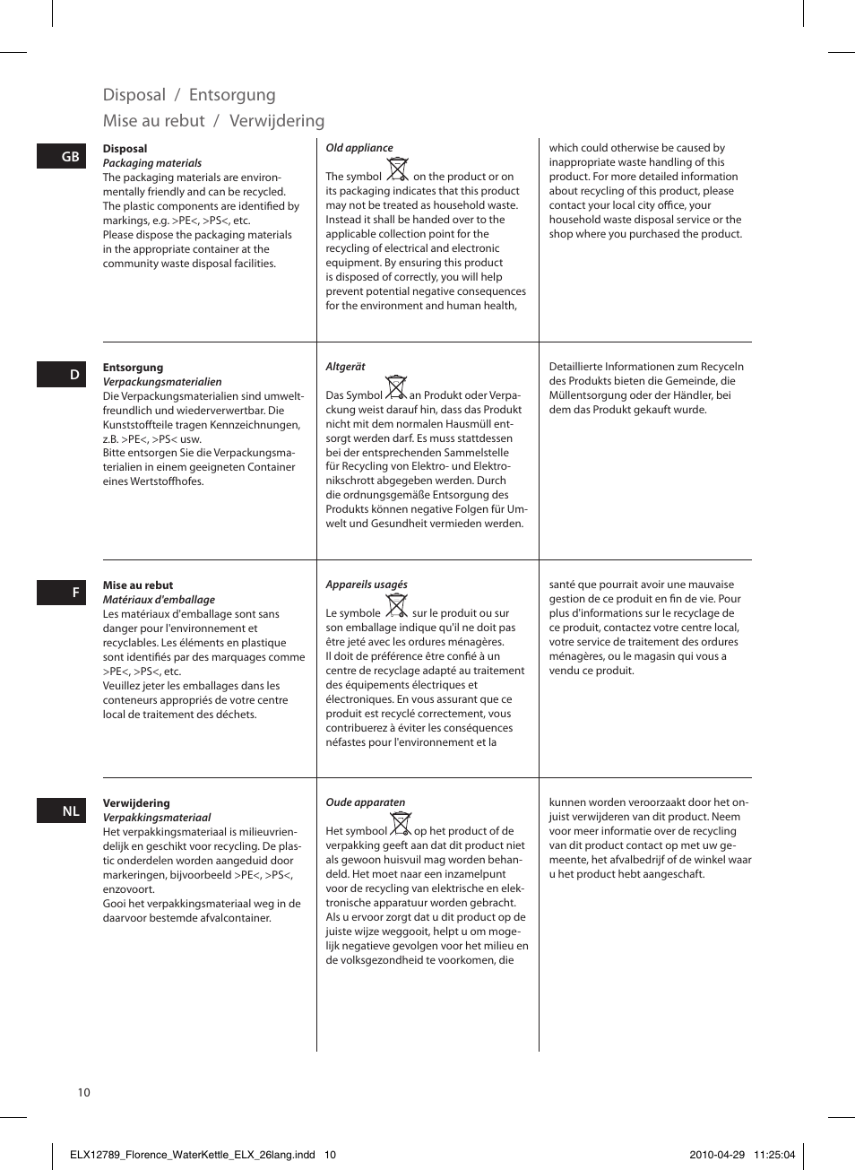 Disposal / entsorgung, Mise au rebut, Verwijdering | Electrolux EEWA5110 User Manual | Page 10 / 60