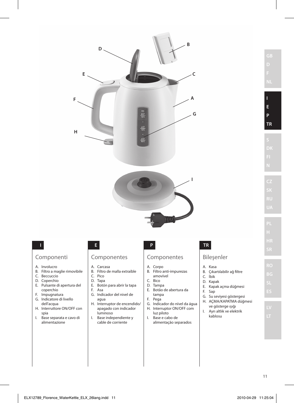 Componenti, Componentes, Bileşenler | Electrolux EEWA5110 User Manual | Page 11 / 60