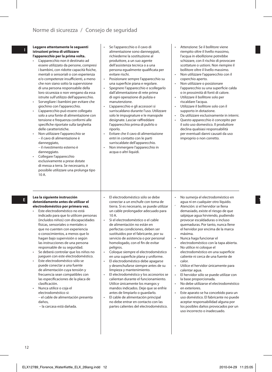 Norme di sicurezza / consejo de seguridad | Electrolux EEWA5110 User Manual | Page 12 / 60