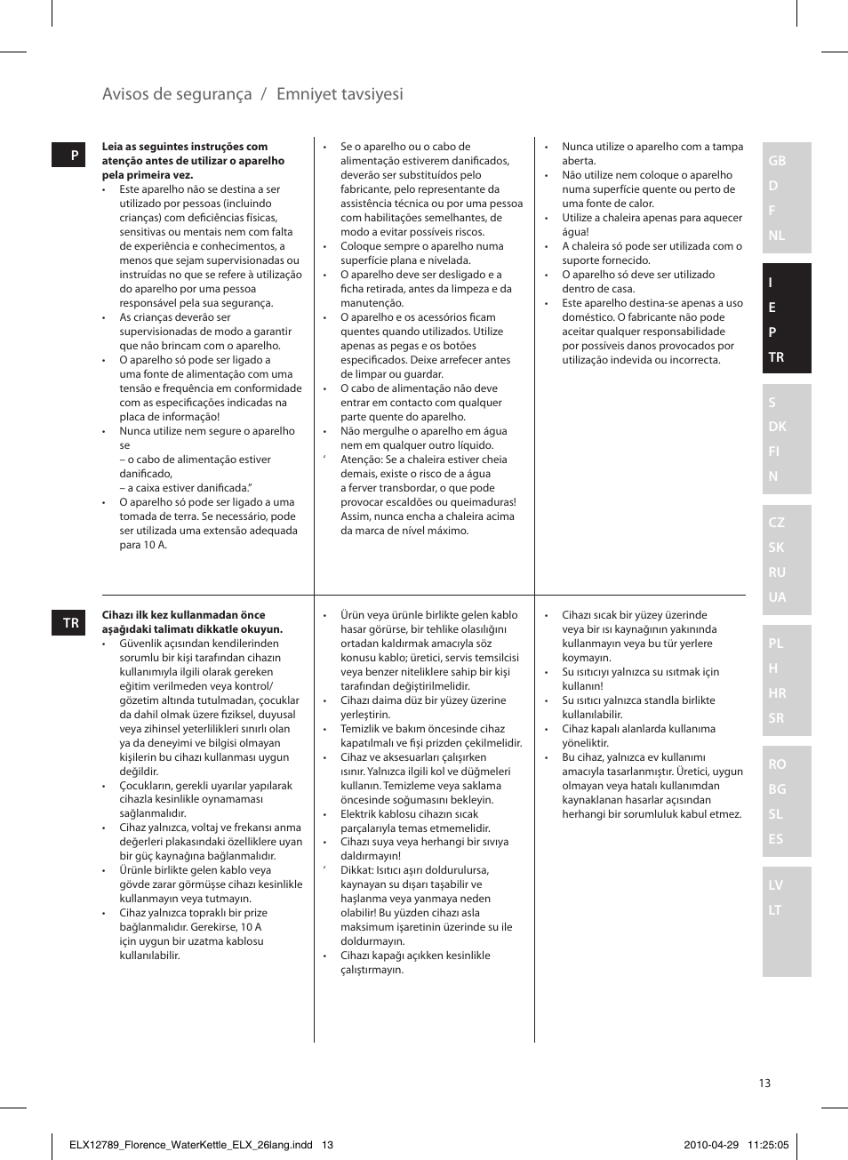 Avisos de segurança / emniyet tavsiyesi | Electrolux EEWA5110 User Manual | Page 13 / 60