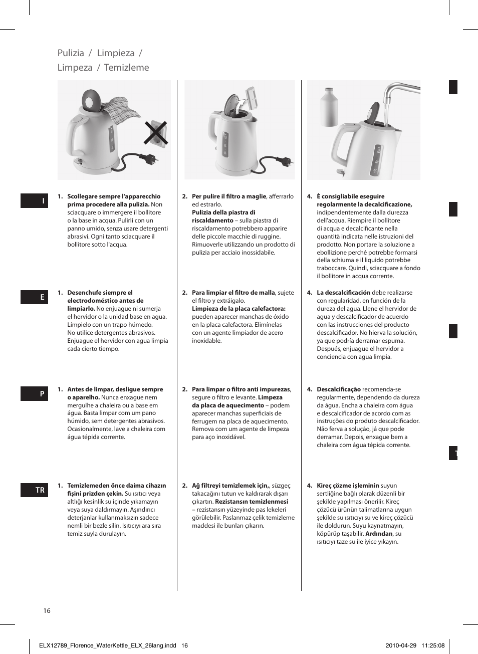 Pulizia / limpieza, Limpeza, Temizleme | Electrolux EEWA5110 User Manual | Page 16 / 60