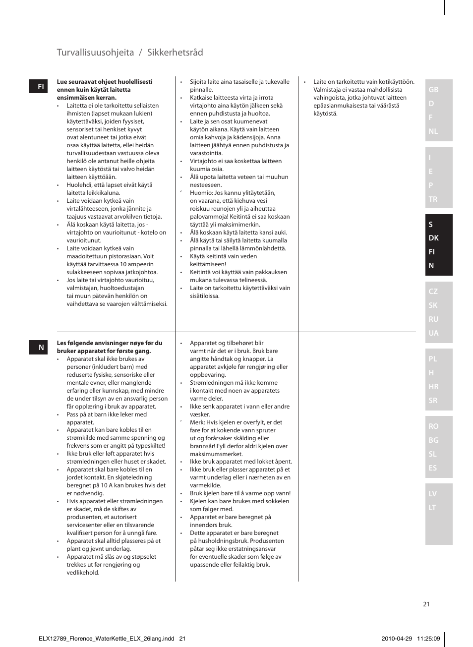 Turvallisuusohjeita / sikkerhetsråd | Electrolux EEWA5110 User Manual | Page 21 / 60