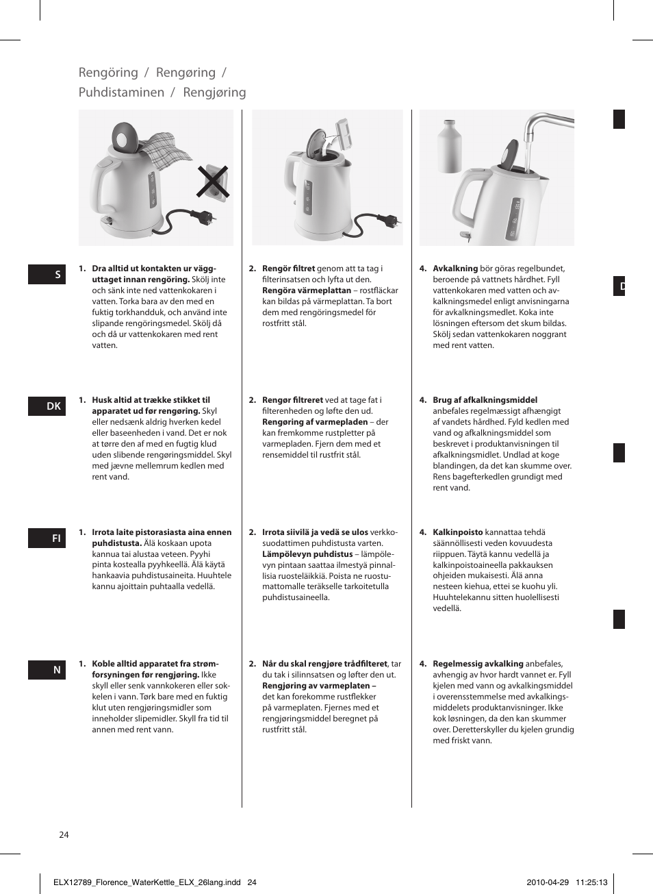 Rengöring / rengøring, Puhdistaminen, Rengjøring | Electrolux EEWA5110 User Manual | Page 24 / 60