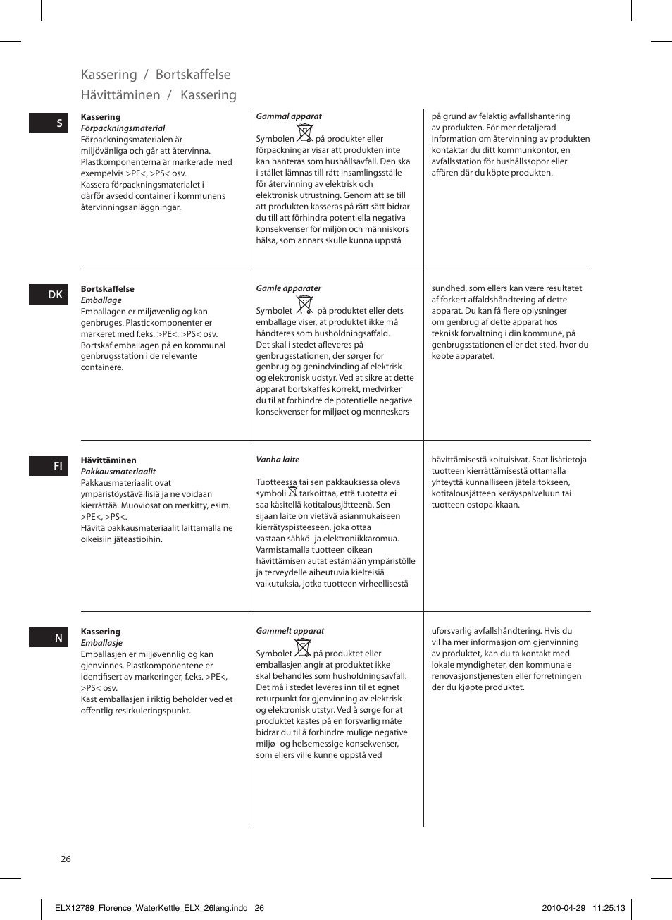 Kassering, Bortskaffelse, Hävittäminen | Electrolux EEWA5110 User Manual | Page 26 / 60