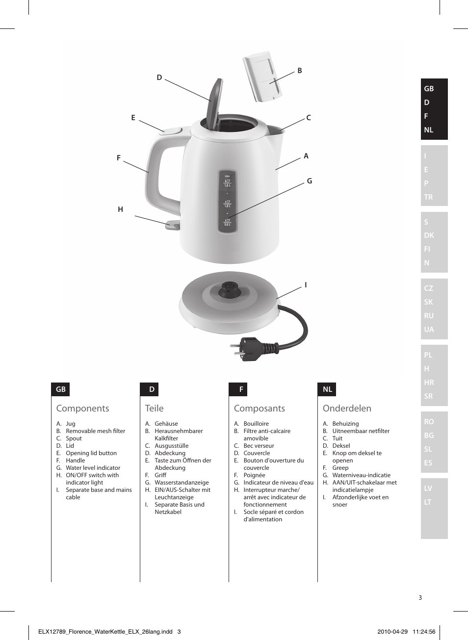 Components, Teile, Composants | Onderdelen | Electrolux EEWA5110 User Manual | Page 3 / 60