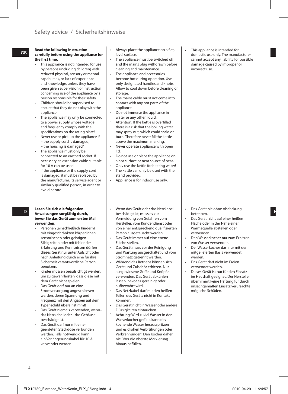 Safety advice / sicherheitshinweise | Electrolux EEWA5110 User Manual | Page 4 / 60