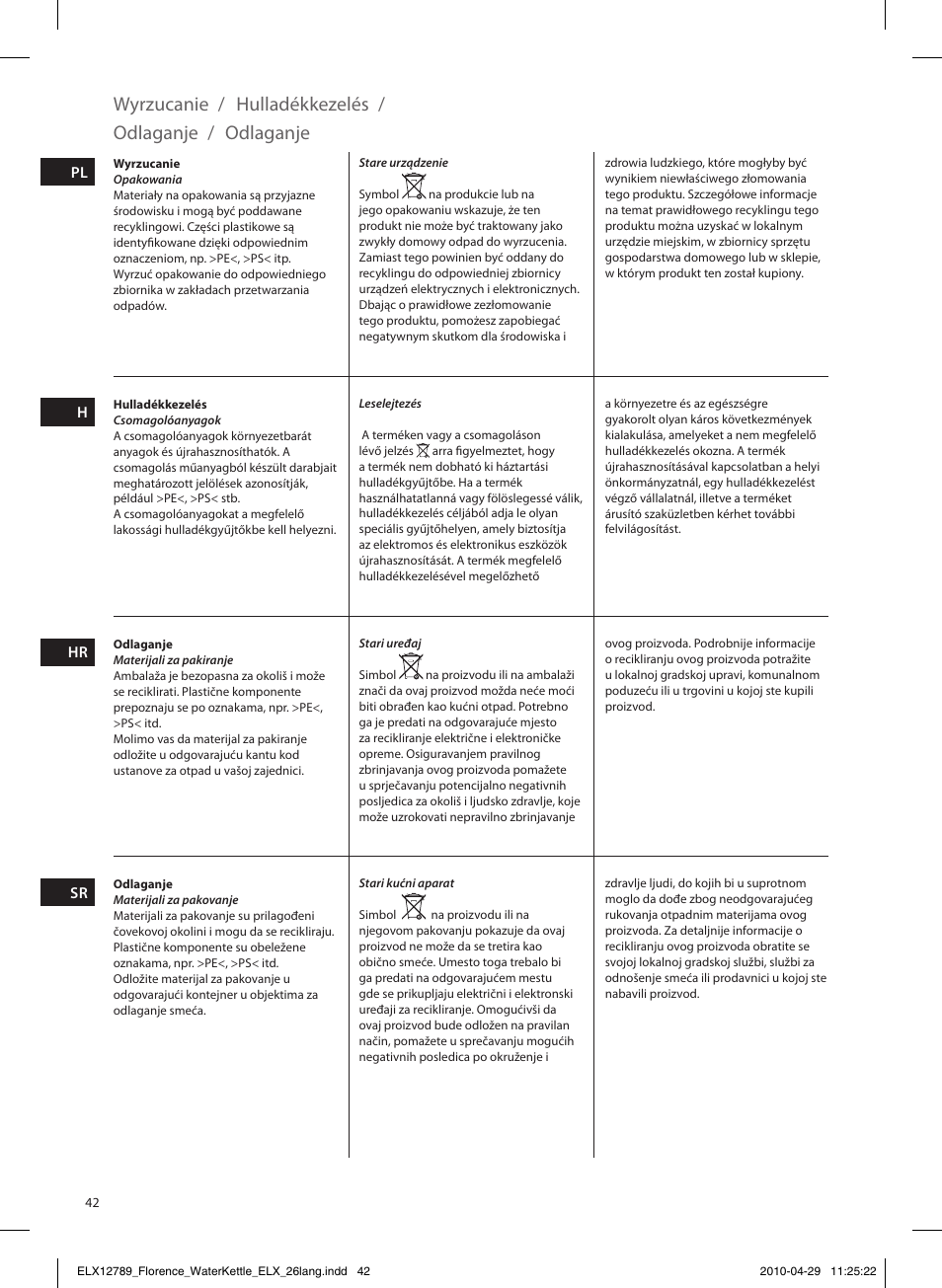 Wyrzucanie, Hulladékkezelés, Odlaganje | Electrolux EEWA5110 User Manual | Page 42 / 60